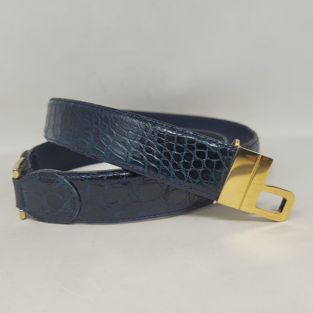 VTG Bijan Belt 42 Blue Crocodile Leather Gold Filled Buckle Italy Old Money RARE